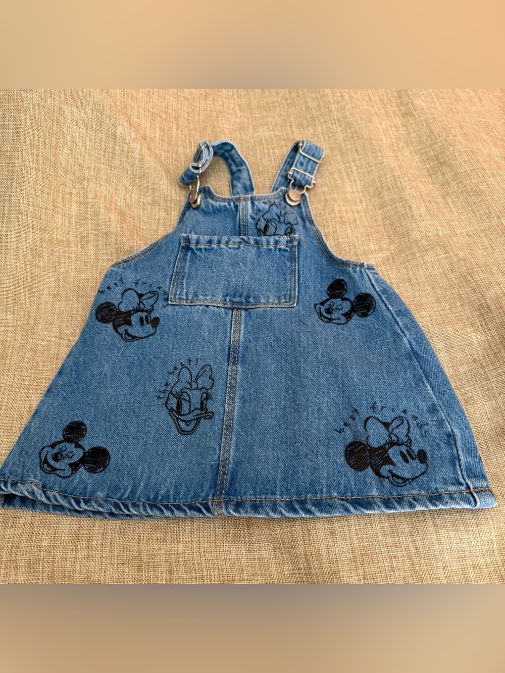 Zara Blue Denim Overall Dress with Disney Character Prints